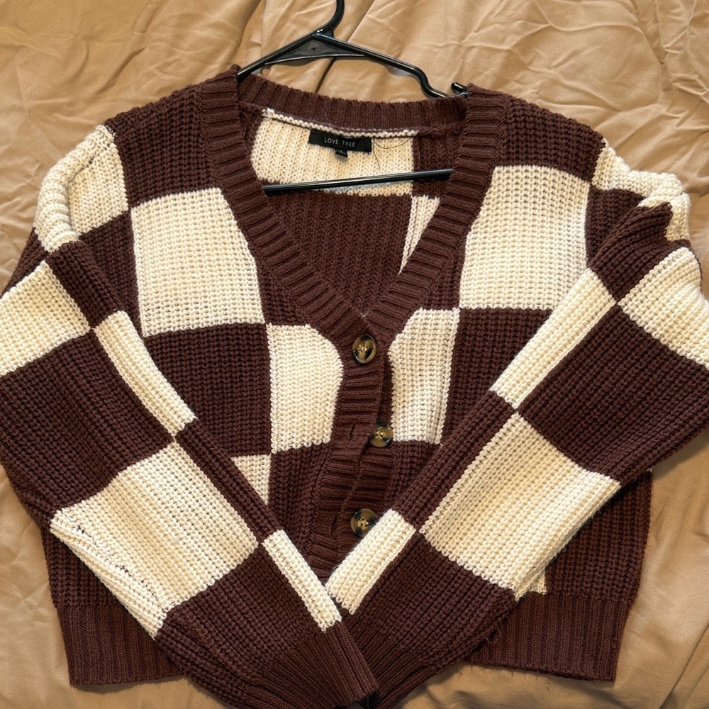 Love Tree Brown & Cream Checkered V-Neck Button Cardigan